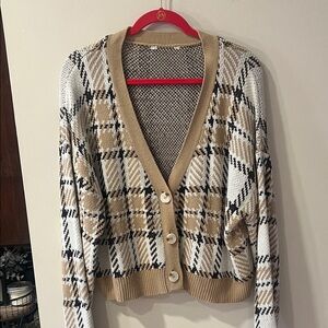 Plaid V-Neck Cardigan Sweater - Tan, Black, White
